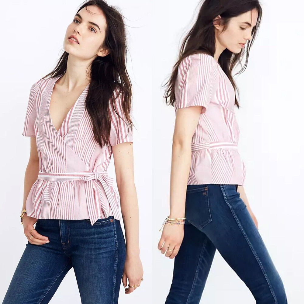 Madewell Womens Size Small Ruffle Hem Wrap Top Blouse Tie V Neck Striped Red